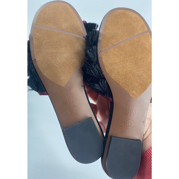 WHO WHAT WEAR women 6.5 black fringe slide Sandals - Picture 5 of 5